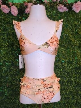 Chelsea & Violet Peach Floral Ruffle Bikini Top and High-Waist Bottoms